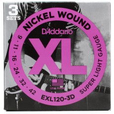 D'Addario EXL120-3D Nickel Wound Super Light Electric Strings (.009-.042) 3 Sets